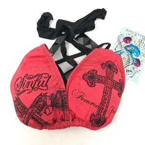 Sinful by Affliction Femme Fatale Red Black Swimsuit Bikini Top Size Large